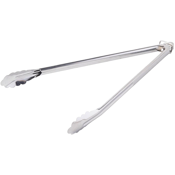 16 inch stainless steel BBQ tongs with scalloped grip for flipping ribs, steak, chicken, and vegetables on the grill