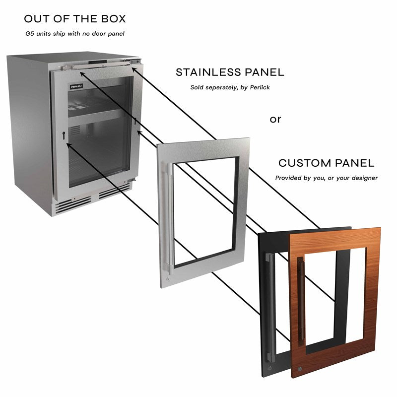 Perlick G5 Luxe 24" Beverage Center ships panel ready: add Perlick stainless panel or custom panel