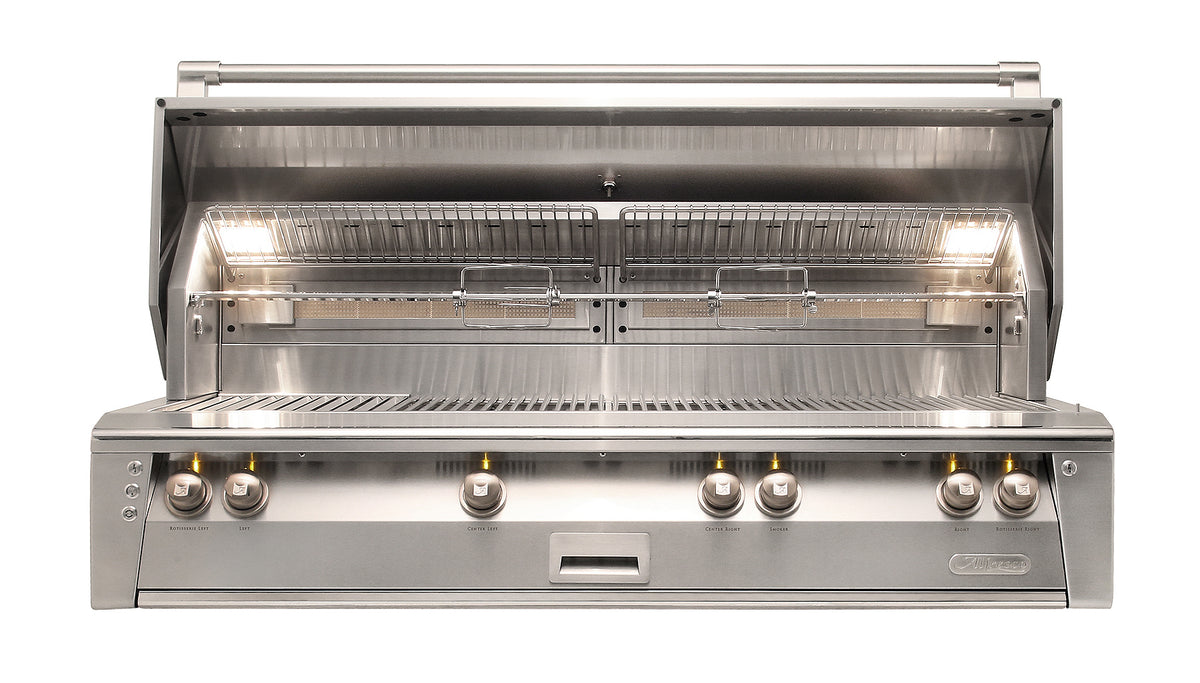 Stainless steel grill with open lid on a white background | American Fire BBQ & Grilling Supply