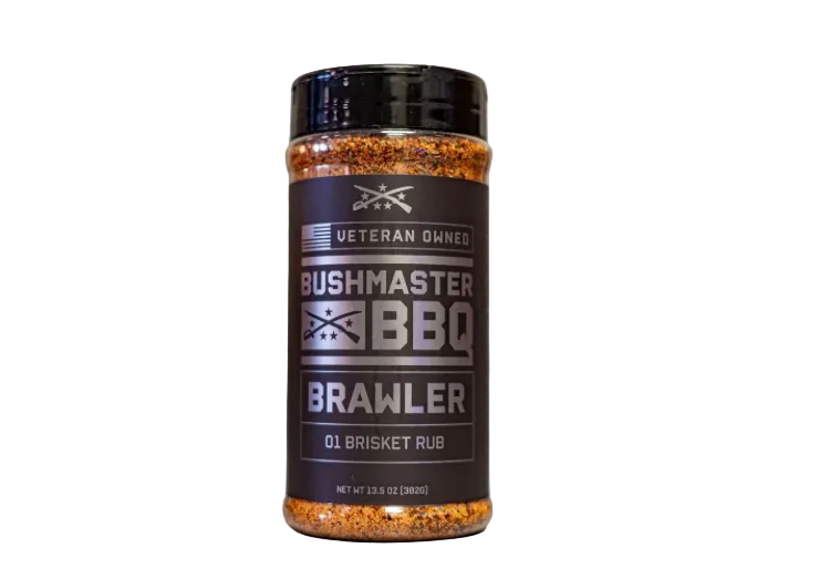 Bottle of Bushmaster BBQ Brawler Brisket Rub on a gray background