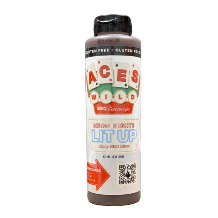 Aces Wild Neon Nights Lit Up Spicy BBQ Glaze bottle, perfect for adding flavor to your dishes, cooking, and grilling.