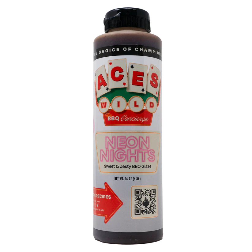 Aces Wild Neon Nights Sweet &amp; Zesty BBQ Glaze bottle with vibrant label showcasing sweet zesty BBQ glaze.
