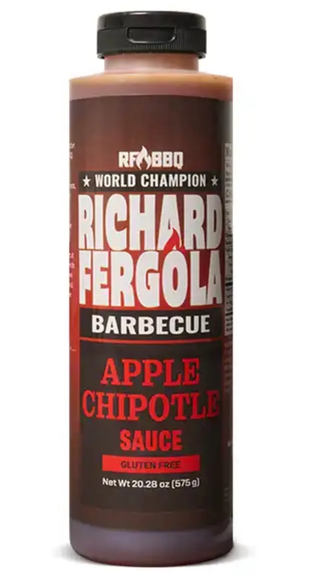 Richard Fergola Barbecue Apple Chipotle BBQ Sauce bottle, showcasing sweet heat flavor, gluten-free, 20.28 oz.