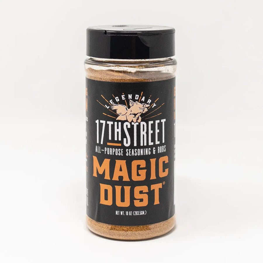Jar of 17th Street Magic Dust seasoning on a white background