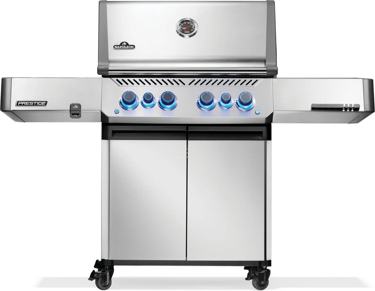 Napoleon Prestige 500 gas grill with stainless steel finish, illuminated knobs, and dual side shelves.