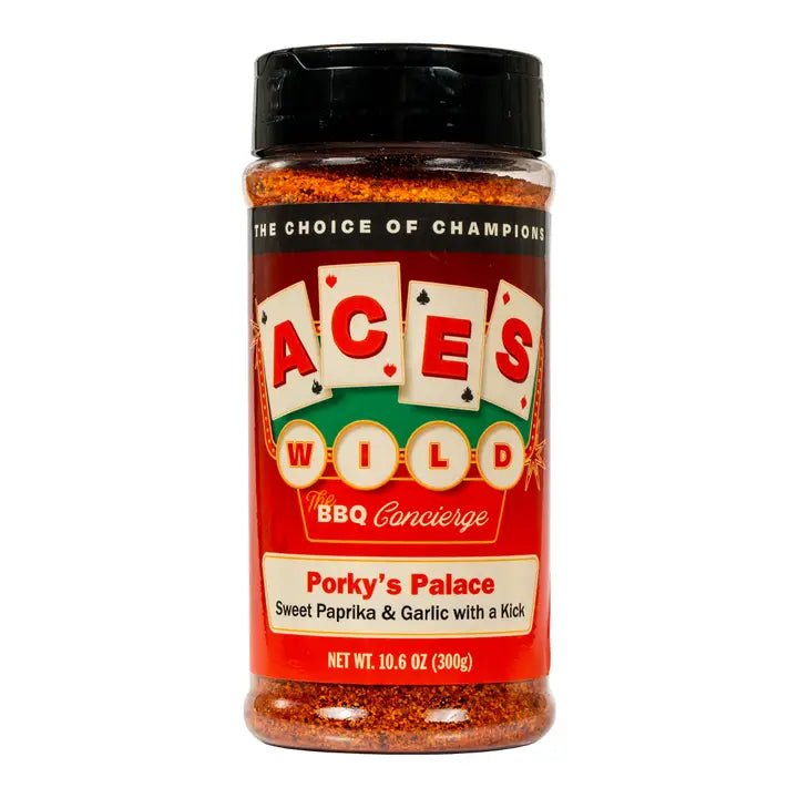 Aces Wild Porky's Palace Rub, a pork seasoning rub with sweet paprika and garlic for flavorful BBQ dishes.