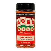 Aces Wild Porky's Palace Rub, a pork seasoning rub with sweet paprika and garlic for flavorful BBQ dishes.