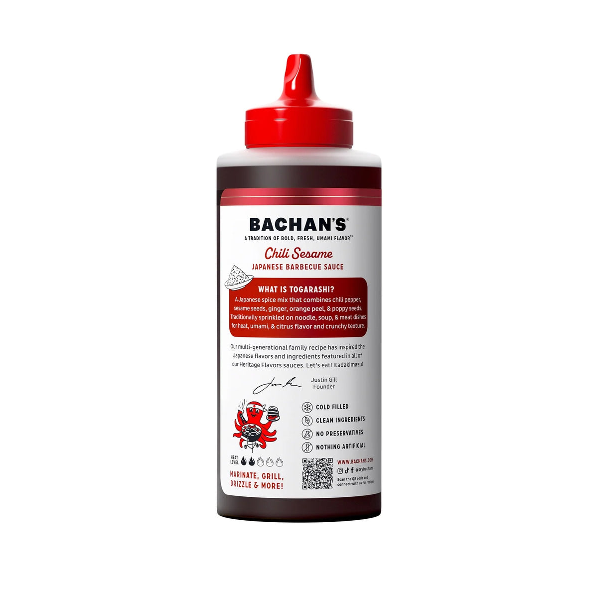 Bachan's chili sesame barbecue sauce bottle featuring bold flavors and Togarashi spice blend.