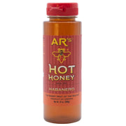 A 12 oz bottle of AR's Hot Honey Habanero honey, featuring a red label and a red cap, set against a plain white background.