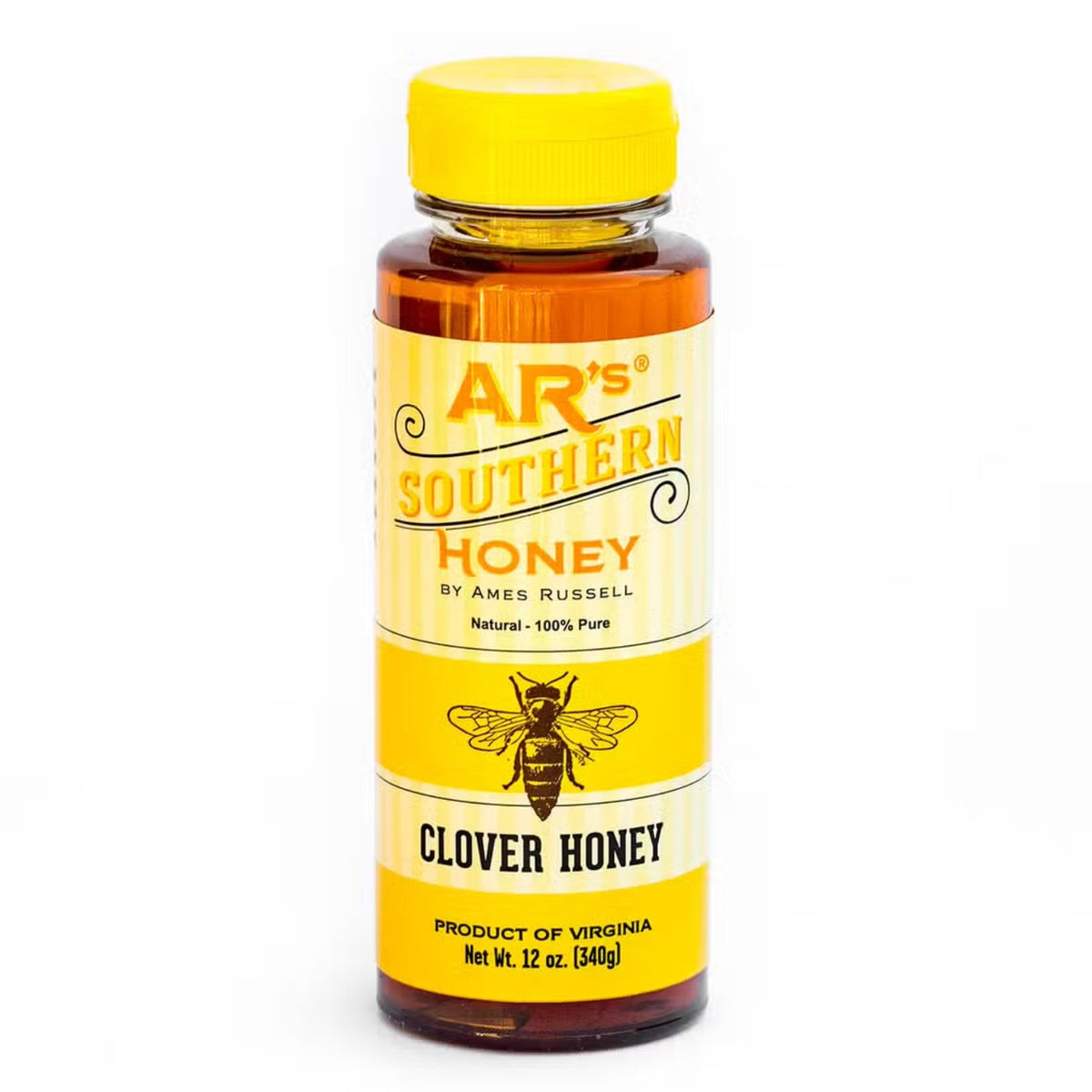 A bottle of AR's Southern Clover Honey with a yellow cap and label featuring a honey bee.
