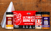 BBQ Right Ultimate Brine Kit with various seasoning bottles on a wooden background